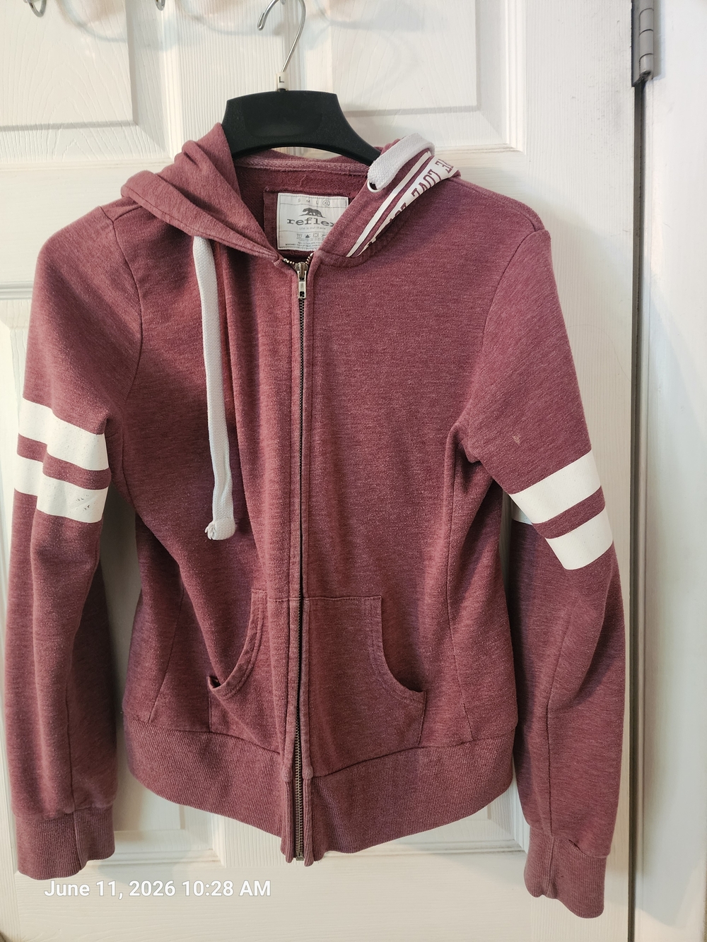 Reflex Maroon Zip Hoodie with White Sleeve Stripes